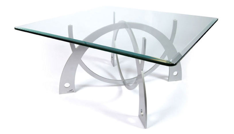 custom metal coffee table with glass top, S.D. Feather Arch coffee table